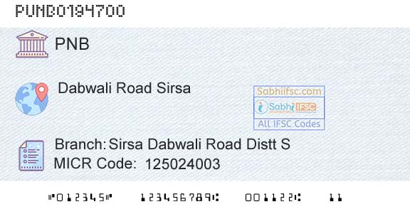 Punjab National Bank Sirsa Dabwali Road Distt SBranch 