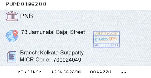 Punjab National Bank Kolkata SutapattyBranch 