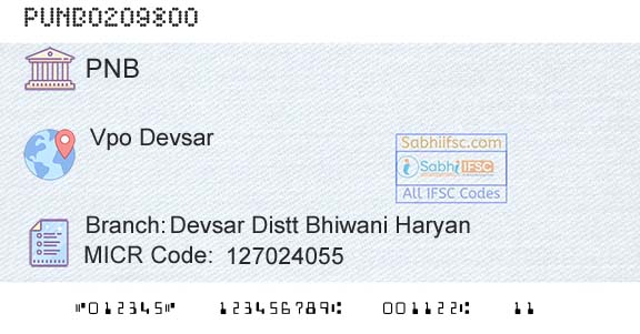 Punjab National Bank Devsar Distt Bhiwani HaryanBranch 
