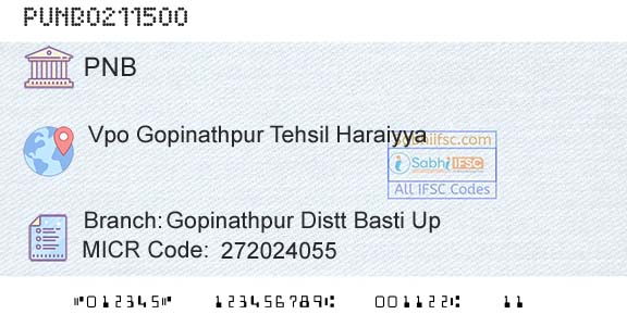 Punjab National Bank Gopinathpur Distt Basti Up Branch 