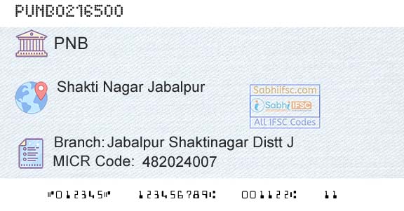 Punjab National Bank Jabalpur Shaktinagar Distt JBranch 