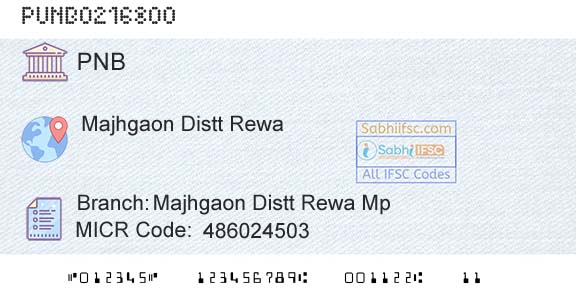 Punjab National Bank Majhgaon Distt Rewa Mp Branch 