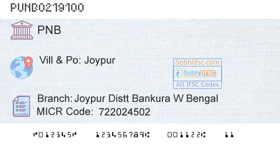 Punjab National Bank Joypur Distt Bankura W BengalBranch 