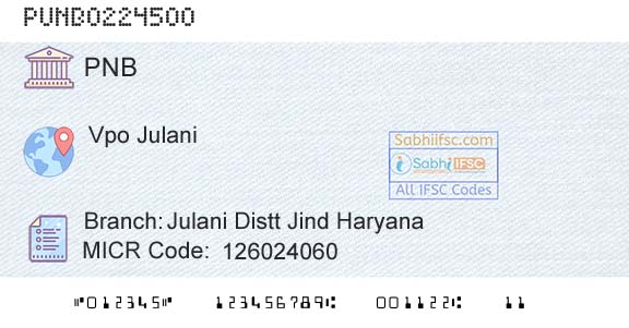 Punjab National Bank Julani Distt Jind Haryana Branch 