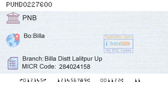 Punjab National Bank Billa Distt Lalitpur Up Branch 