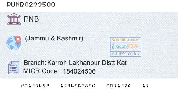 Punjab National Bank Karroh Lakhanpur Distt KatBranch 