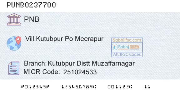 Punjab National Bank Kutubpur Distt MuzaffarnagarBranch 