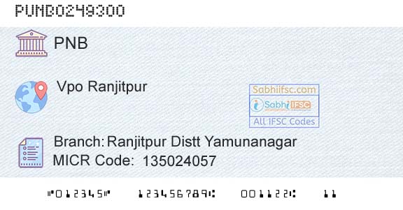 Punjab National Bank Ranjitpur Distt YamunanagarBranch 