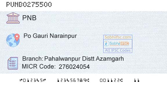 Punjab National Bank Pahalwanpur Distt Azamgarh Branch 