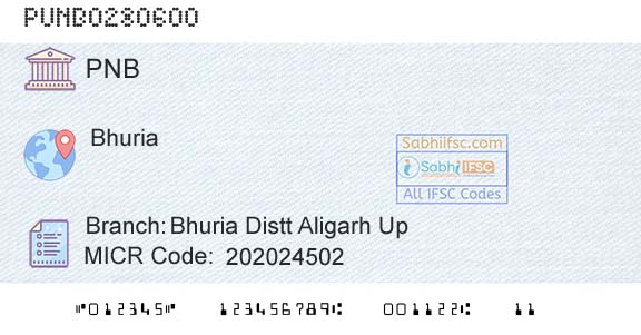 Punjab National Bank Bhuria Distt Aligarh Up Branch 