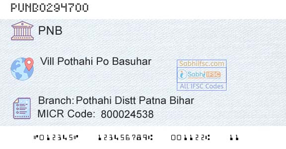 Punjab National Bank Pothahi Distt Patna Bihar Branch 