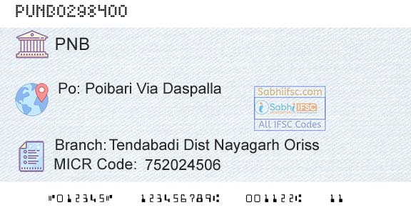 Punjab National Bank Tendabadi Dist Nayagarh OrissBranch 