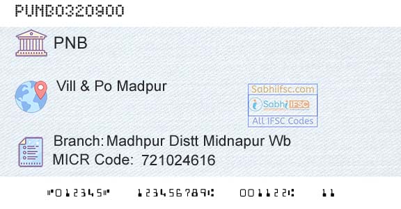 Punjab National Bank Madhpur Distt Midnapur Wb Branch 