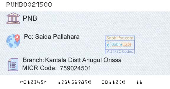 Punjab National Bank Kantala Distt Anugul OrissaBranch 