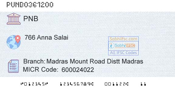 Punjab National Bank Madras Mount Road Distt MadrasBranch 