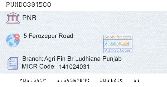 Punjab National Bank Agri Fin Br Ludhiana Punjab Branch 