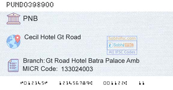 Punjab National Bank Gt Road Hotel Batra Palace AmbBranch 