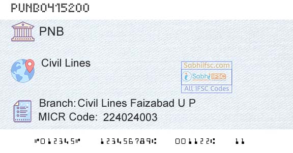 Punjab National Bank Civil Lines Faizabad U P Branch 