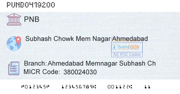 Punjab National Bank Ahmedabad Memnagar Subhash ChBranch 