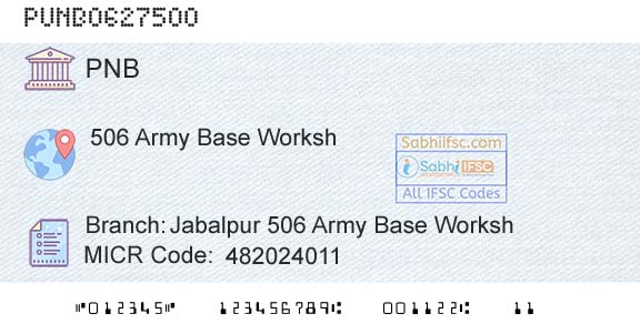 Punjab National Bank Jabalpur 506 Army Base WorkshBranch 