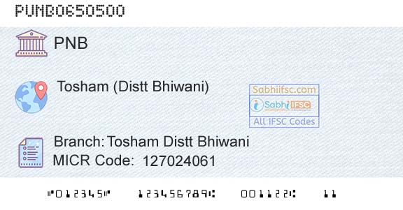 Punjab National Bank Tosham Distt Bhiwani Branch 