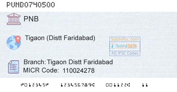 Punjab National Bank Tigaon Distt Faridabad Branch 