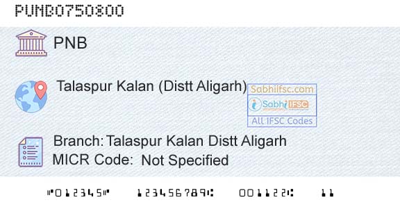 Punjab National Bank Talaspur Kalan Distt Aligarh Branch 