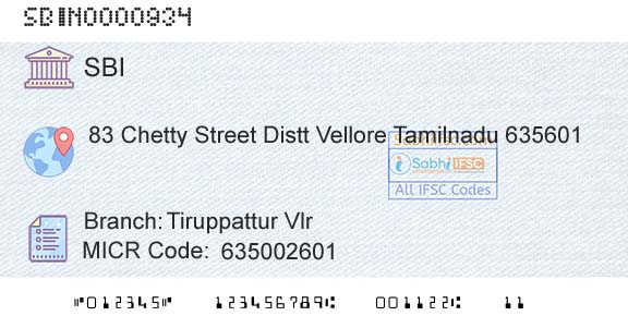 State Bank Of India Tiruppattur Vlr Branch 