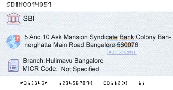 State Bank Of India Hulimavu BangaloreBranch 