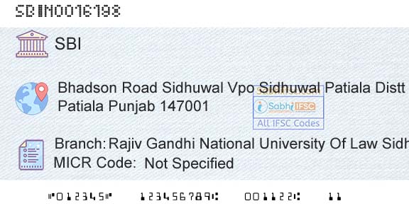 State Bank Of India Rajiv Gandhi National University Of Law SidhuwalBranch 