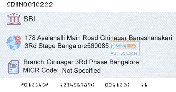 State Bank Of India Girinagar 3rd Phase BangaloreBranch 