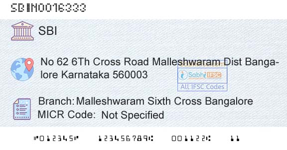State Bank Of India Malleshwaram Sixth Cross BangaloreBranch 