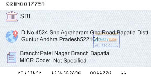 State Bank Of India Patel Nagar Branch BapatlaBranch 