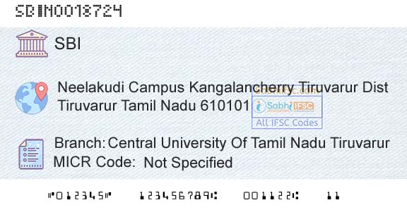 State Bank Of India Central University Of Tamil Nadu TiruvarurBranch 