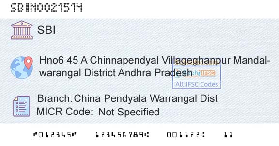 State Bank Of India China Pendyala Warrangal DistBranch 