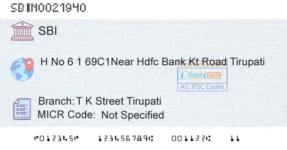 State Bank Of India T K Street TirupatiBranch 