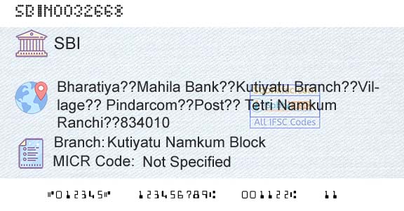 State Bank Of India Kutiyatu Namkum BlockBranch 