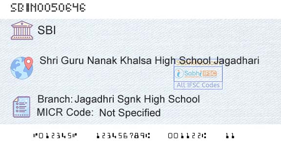 State Bank Of India Jagadhri Sgnk High SchoolBranch 