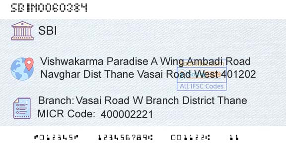 State Bank Of India Vasai Road W Branch District Thane Branch 