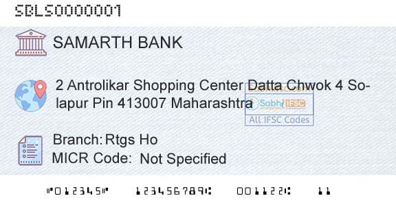 Samarth Sahakari Bank Ltd Rtgs HoBranch 