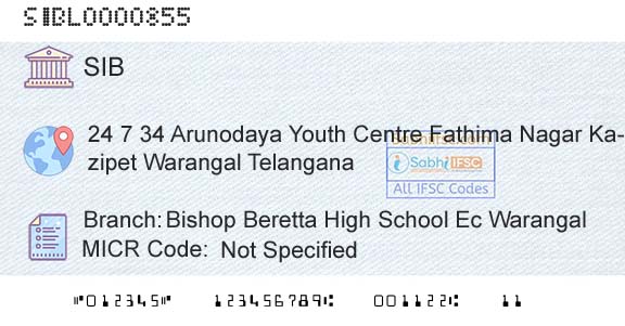 South Indian Bank Bishop Beretta High School Ec WarangalBranch 