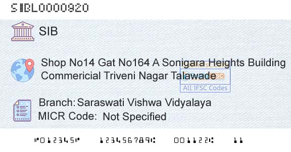 South Indian Bank Saraswati Vishwa VidyalayaBranch 