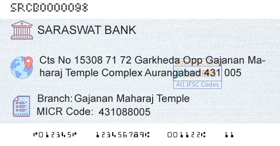 Saraswat Cooperative Bank Limited Gajanan Maharaj TempleBranch 