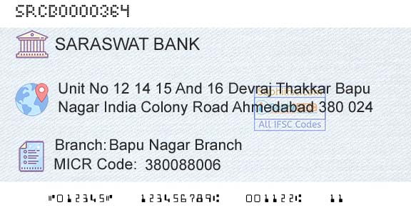 Saraswat Cooperative Bank Limited Bapu Nagar BranchBranch 