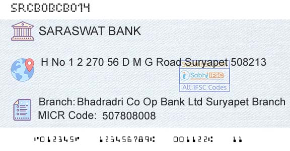 Saraswat Cooperative Bank Limited Bhadradri Co Op Bank Ltd Suryapet BranchBranch 