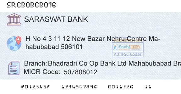Saraswat Cooperative Bank Limited Bhadradri Co Op Bank Ltd Mahabubabad BranchBranch 