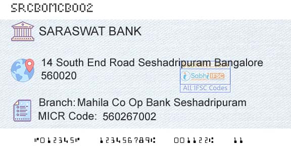 Saraswat Cooperative Bank Limited Mahila Co Op Bank SeshadripuramBranch 