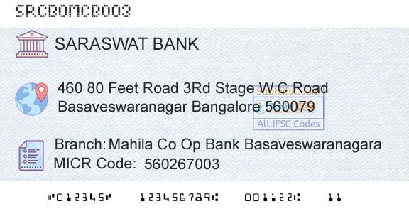 Saraswat Cooperative Bank Limited Mahila Co Op Bank BasaveswaranagaraBranch 