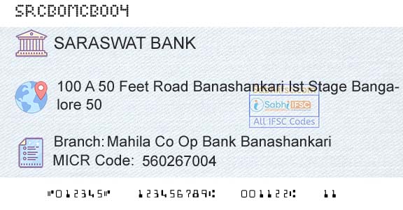 Saraswat Cooperative Bank Limited Mahila Co Op Bank BanashankariBranch 