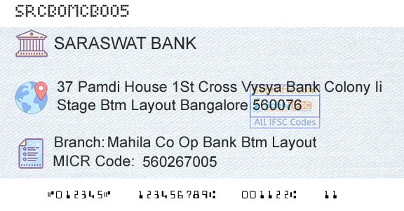 Saraswat Cooperative Bank Limited Mahila Co Op Bank Btm LayoutBranch 